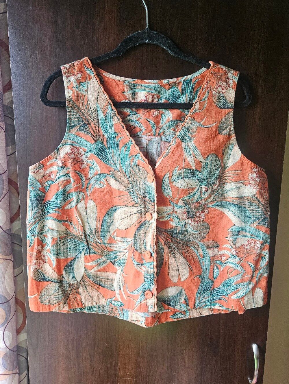 Vintage Floral Button-Front Vest: Orange and Teal